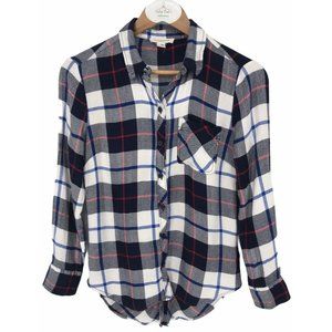 Beach Lunch Lounge Flannel Top XS  Hi Lo Plaid Red White Blue  Tuxedo Tail